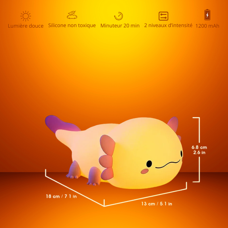 Veilleuse Axolotl en silicone – Lampe de chevet tactile pour enfant rechargeable par USB – Cadeau idéal et article de décoration