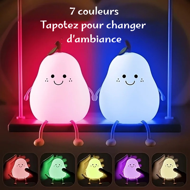 Veilleuse poire en silicone – Lampe de chevet tactile 7 couleurs pour enfant rechargeable par USB – Cadeau idéal et article de décoration